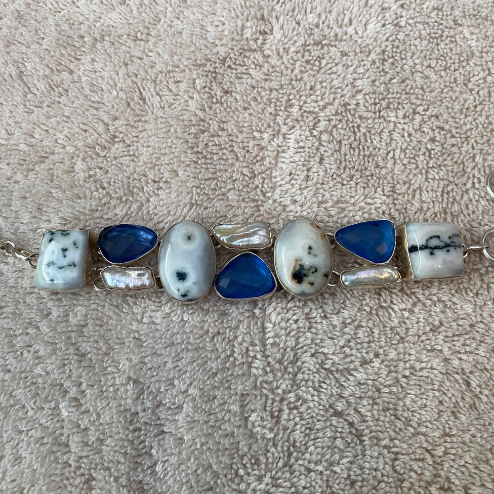 Multi-stone sterling silver (925) bracelet w/ agate, jasper & Baroque Pearls